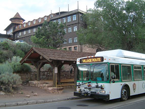 Shuttle bus stop below the El Tovar Hotel.